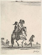 A horseman and his wife, seated side-saddle behind him, riding towards the right, other horsemen and footsoldiers in the background, from 'Various cavalry exercises' (Diverses exercices de cavalerie)