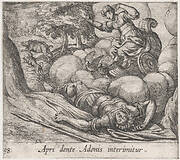 Plate 98: The Metamorphosis of Adonis (Apri dente Adonis interimitur), from Ovid's 'Metamorphoses'